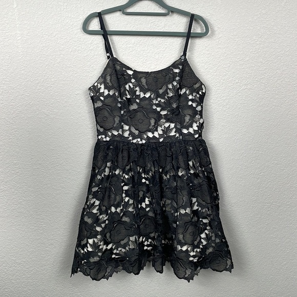 Rare Alice + Olivia Guipure Embroidered Lace Dress Fit Flare Mini Black Cream 8 - Picture 3 of 15